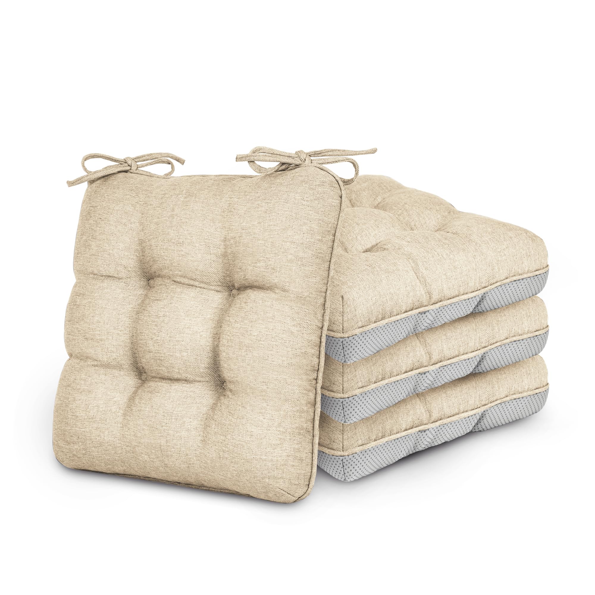 Love's cabin front view of four khaki cushions showing uniform set and neat finish