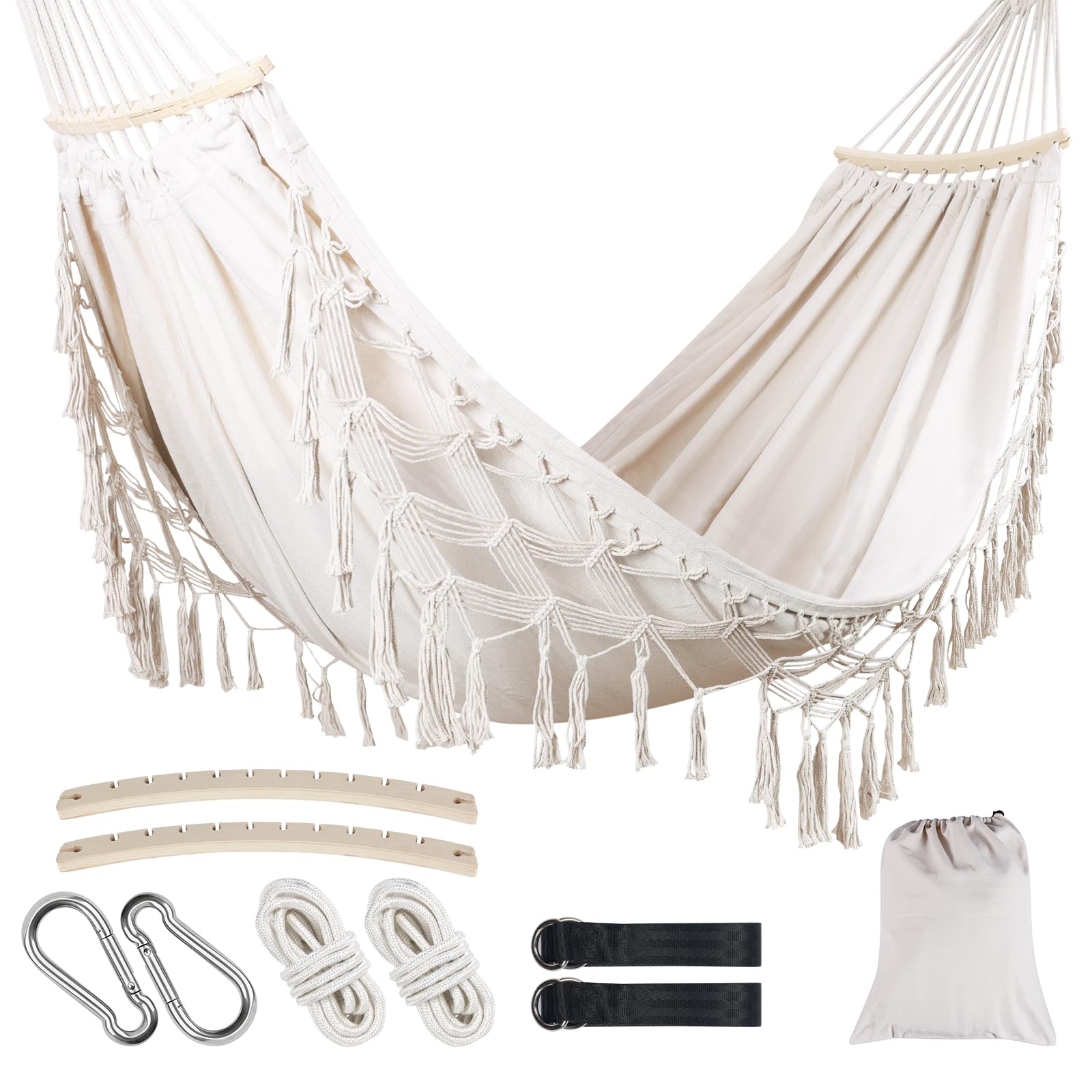LOVSTORAGE hammock front view showing roomy double canvas and beige color