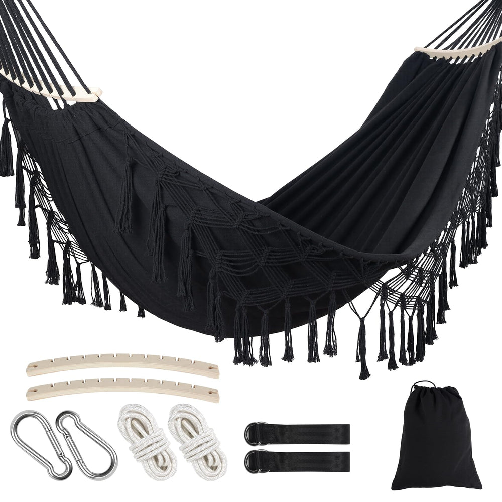 LOVSTORAGE front view of double hammock showing full black bed and spreader bars for comfortable lounging
