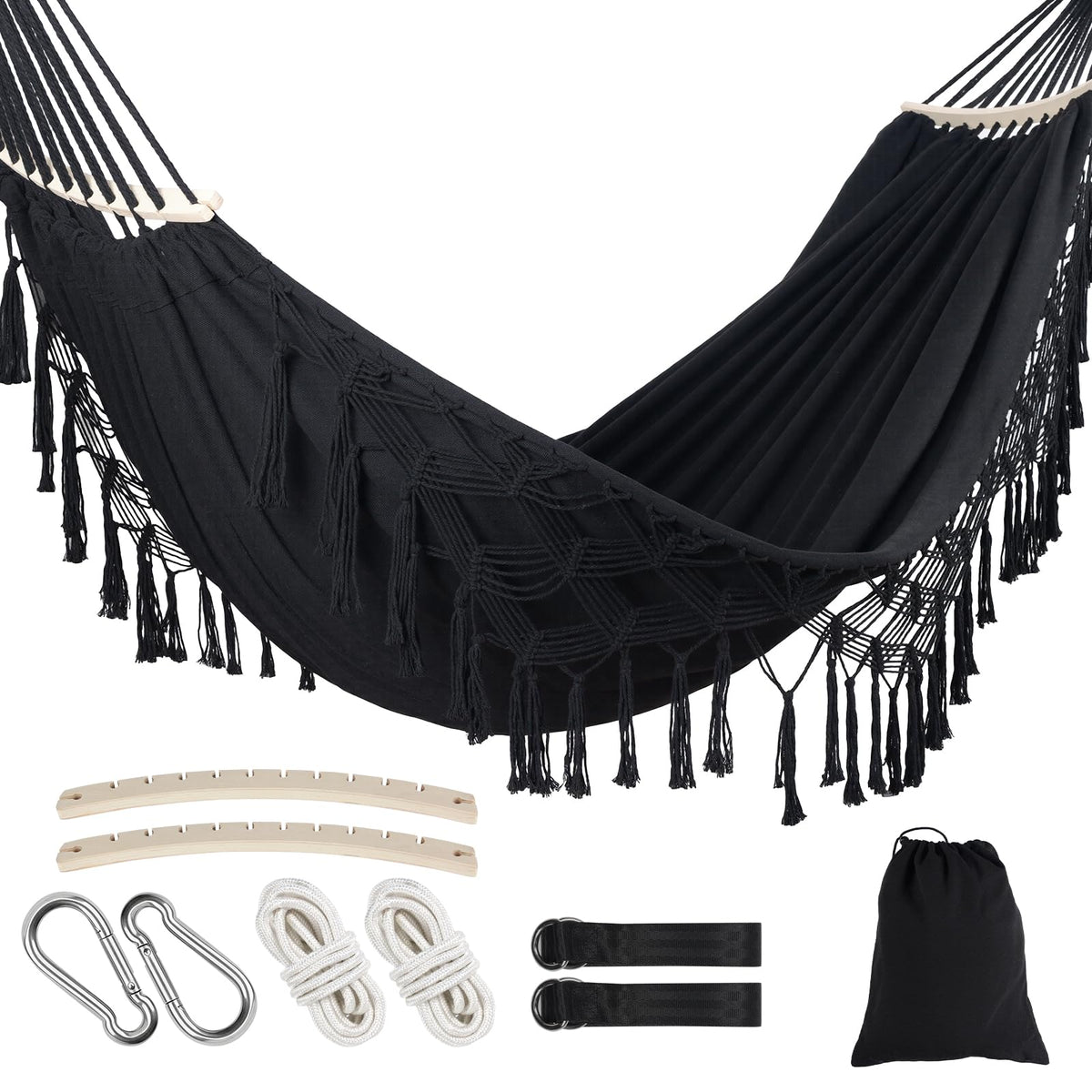 LOVSTORAGE front view of double hammock showing full black bed and spreader bars for comfortable lounging