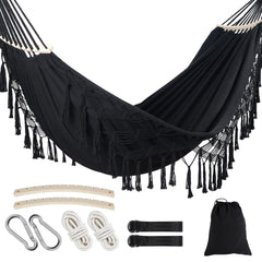 LOVSTORAGE front view of double hammock showing full black bed and spreader bars for comfortable lounging