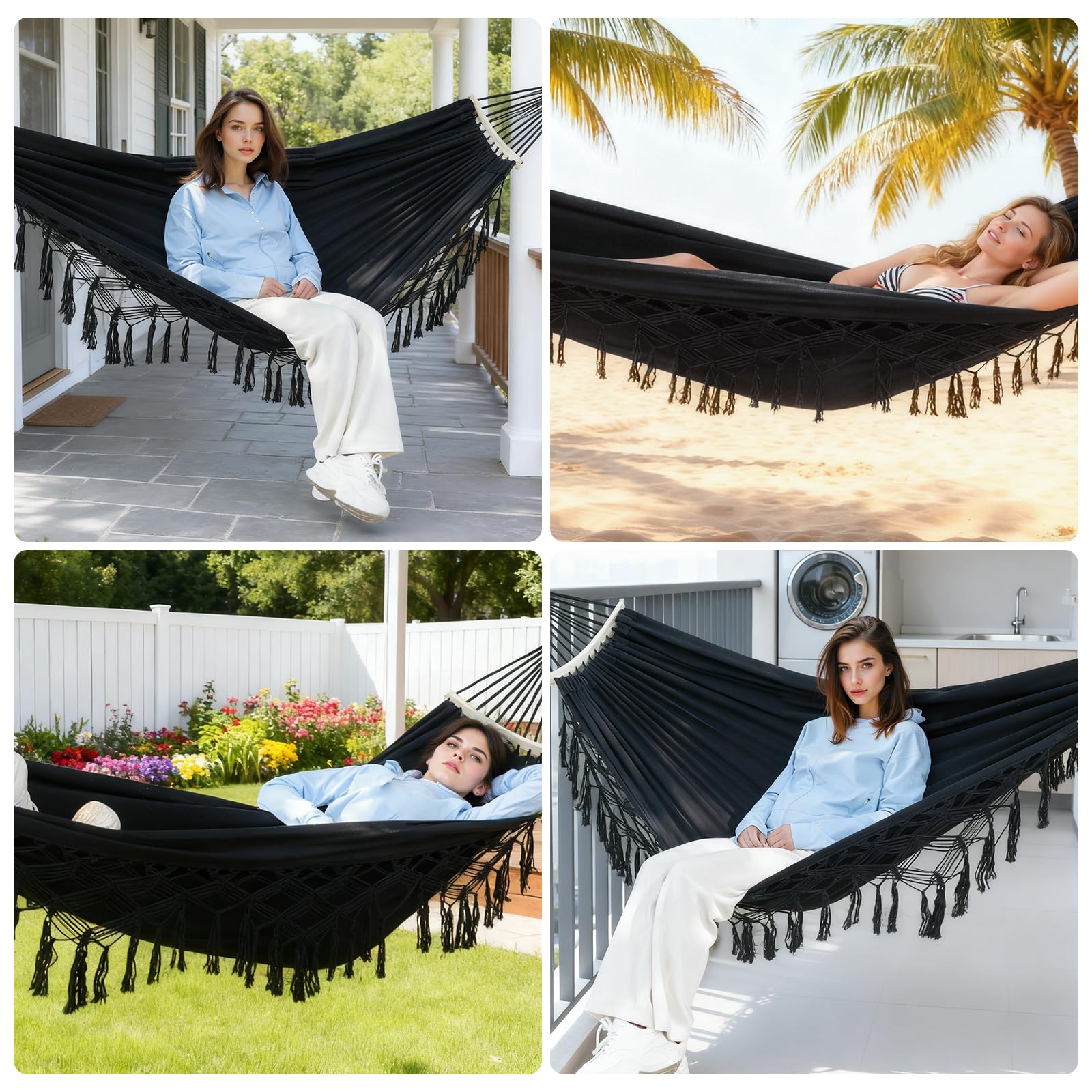 LOVSTORAGE hammock in use on patio illustrating roomy two-person relaxation