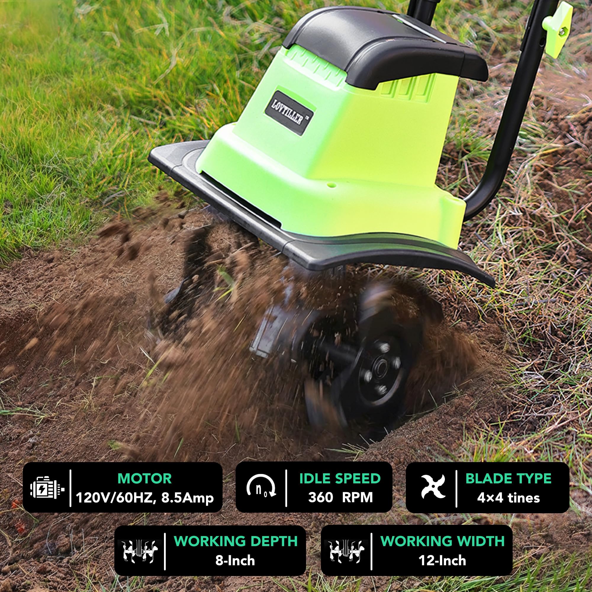LOVTILLER in a garden lifestyle shot demonstrating efficient practical use benefit