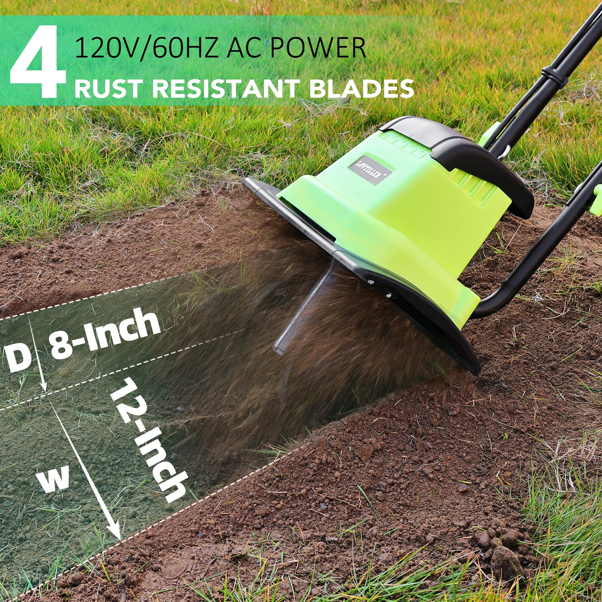 LOVTILLER close-up of four steel tines showing durable construction benefit