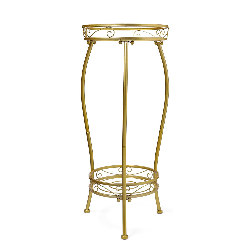 LOYAL TIGER front view of gold plant stand showing sleek two-tier display benefit