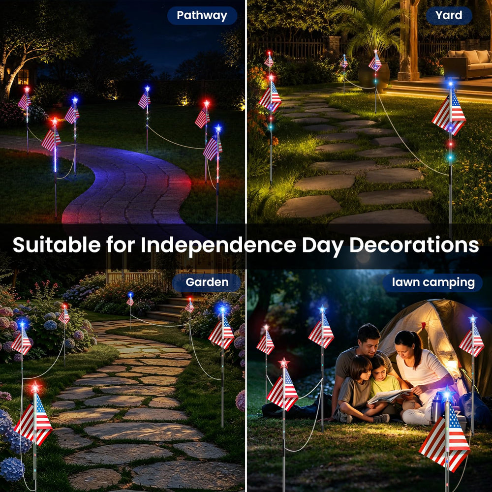 Lphianx pathway at night displaying patriotic lights along walkway
