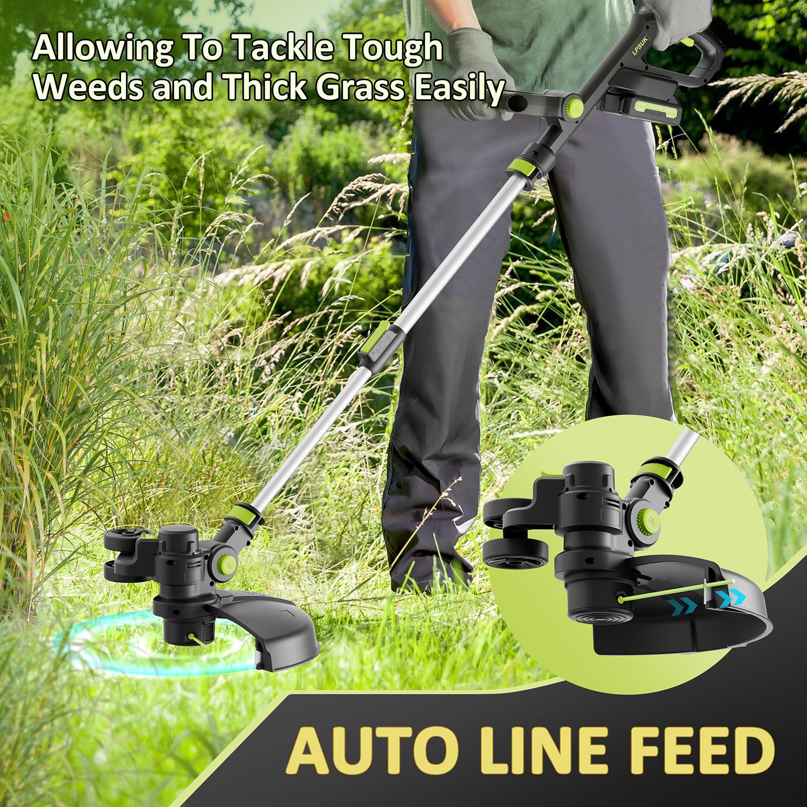 LPSUK trimmer in use landscaping a border to show clean edges and cordless maneuverability