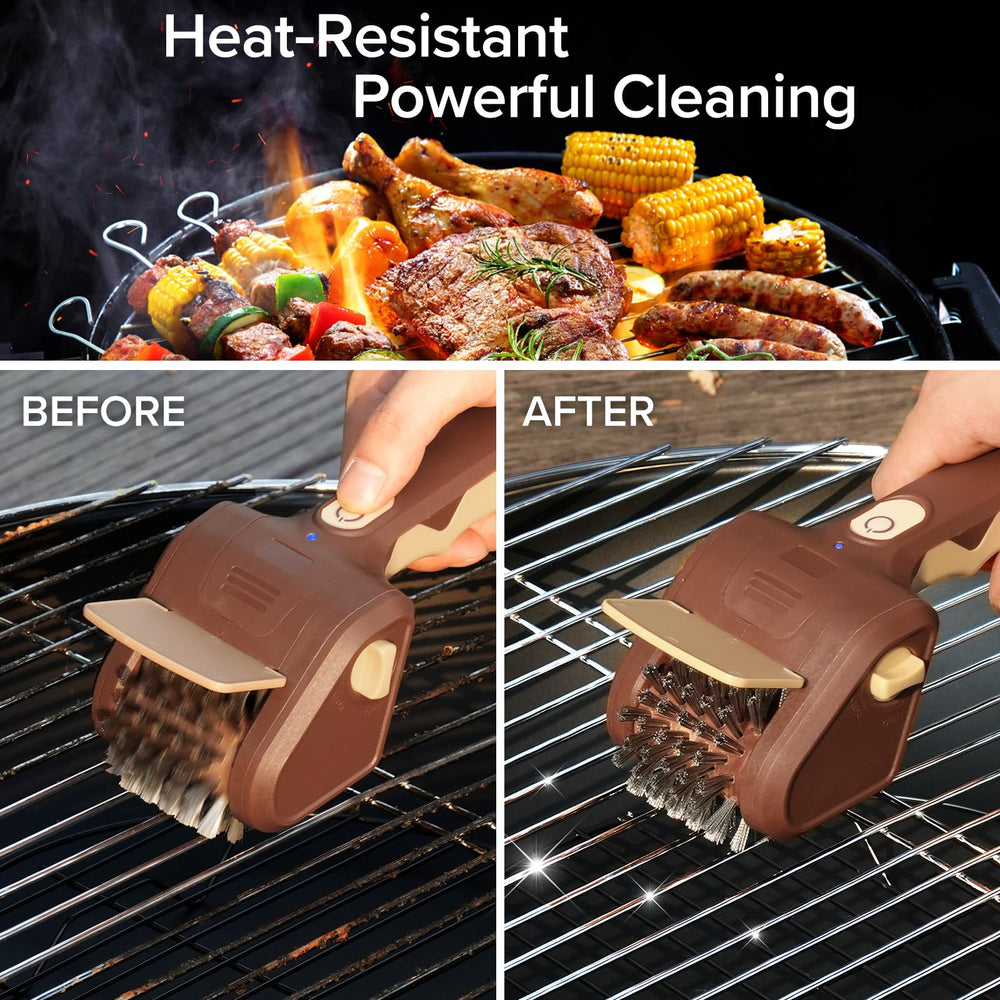 Lrly brush beside gas, charcoal, ceramic grills showing broad compatibility