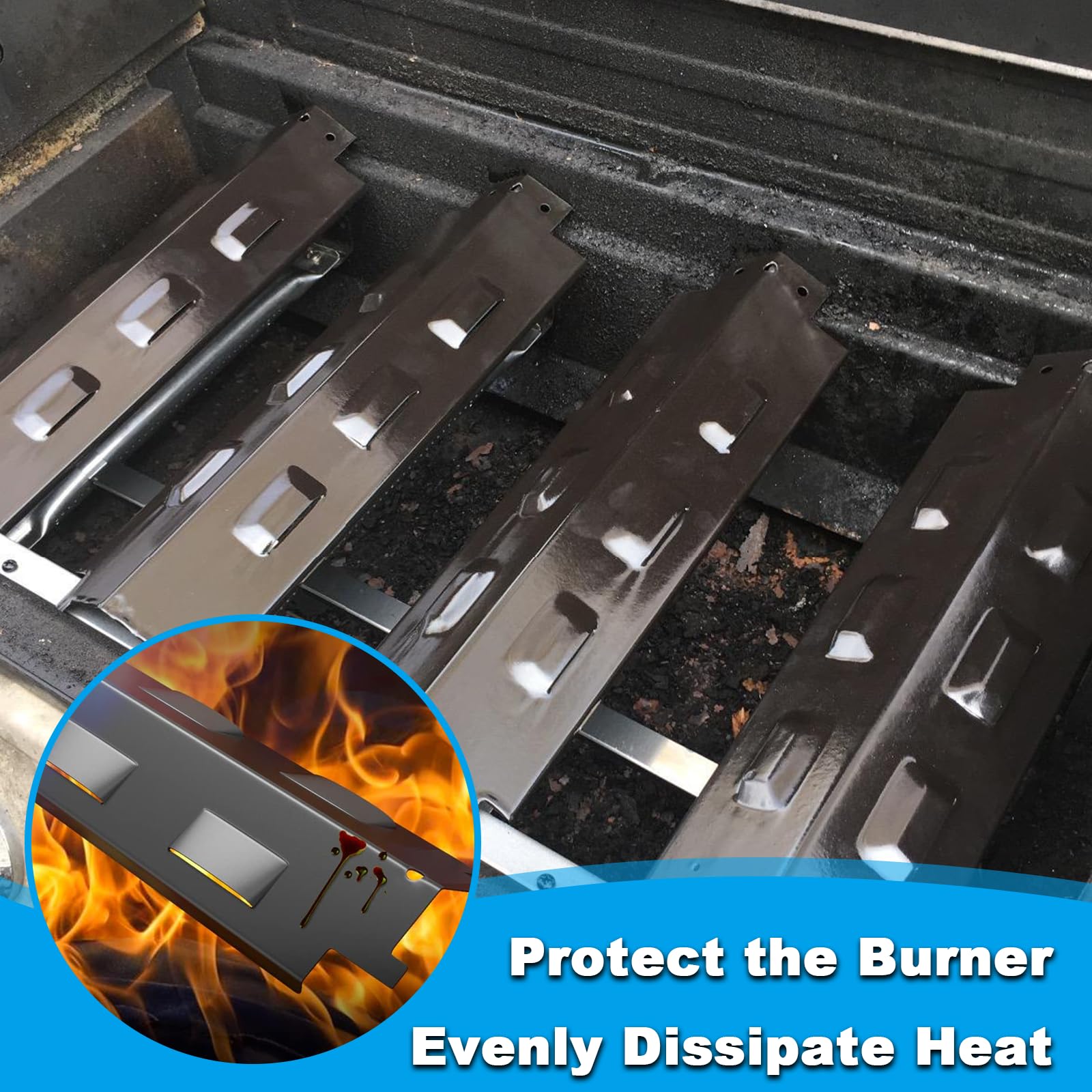 LS'BABQ heat plates positioned over burners shielding and distributing heat