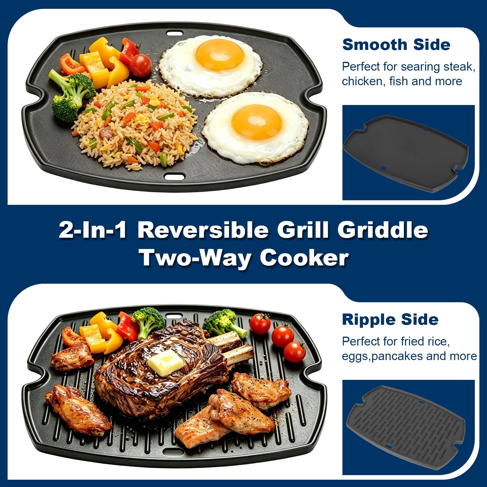 LS'BABQ smooth side close-up cooking pancakes evenly for easy breakfast prep benefit
