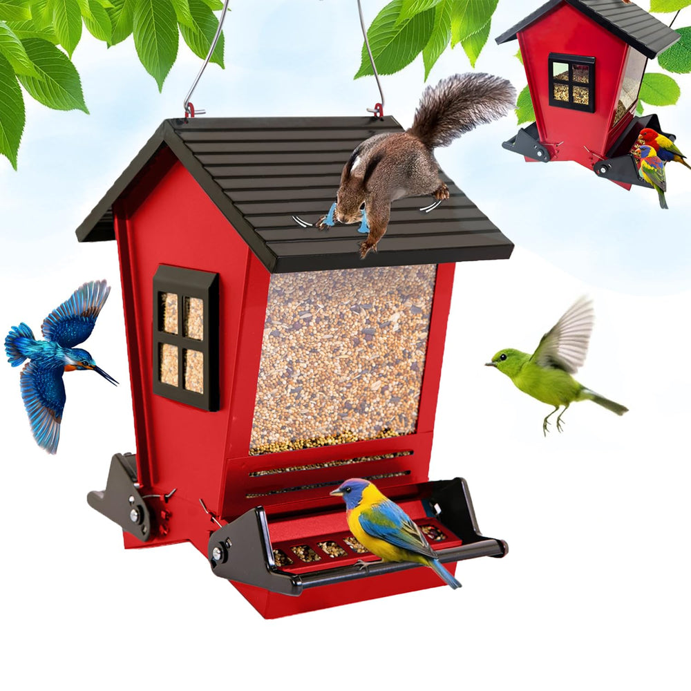 LSCQYYCC front view of red feeder showing bird access and durable design