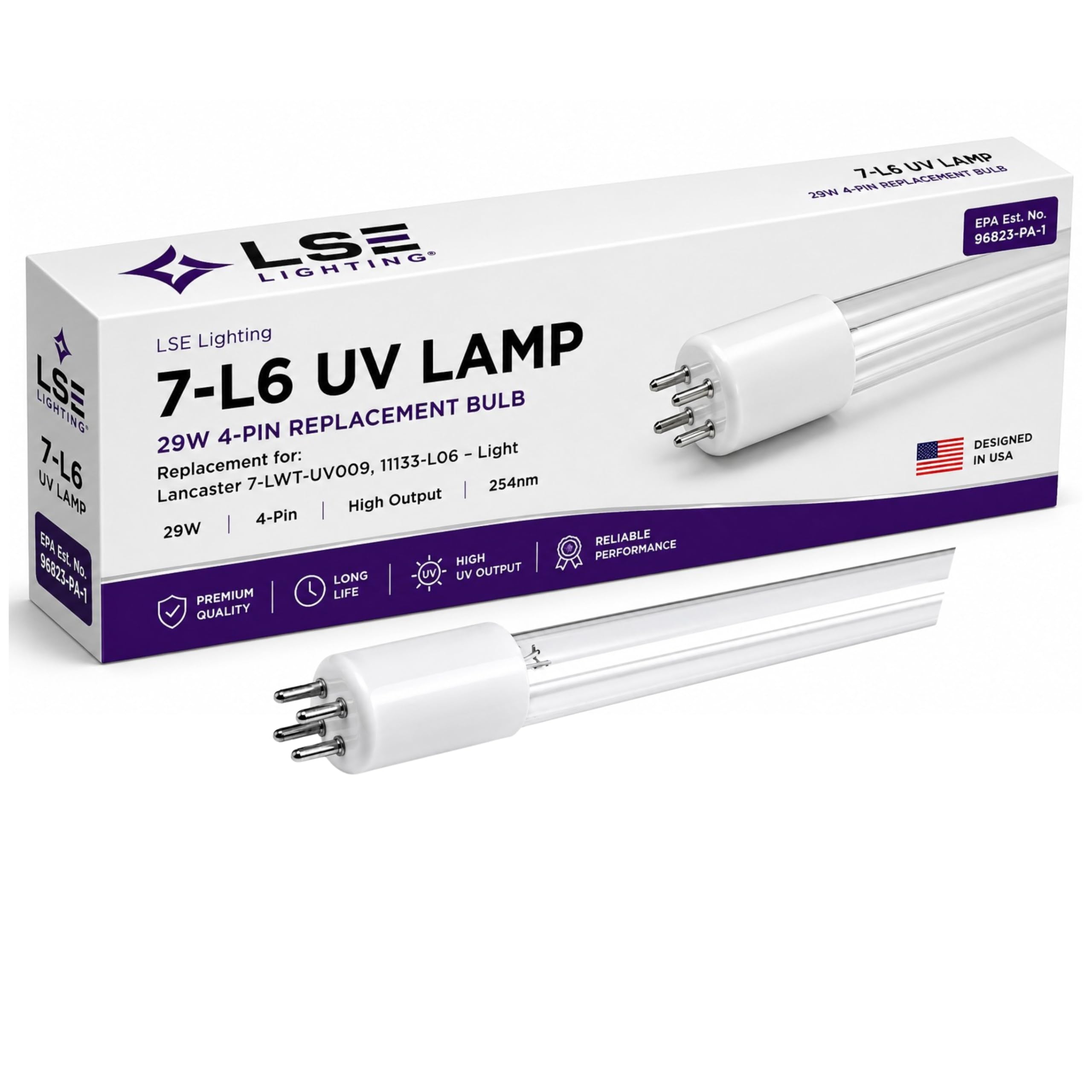 LSE Lighting front view of 7-L6 bulb showing full length and form for easy replacement