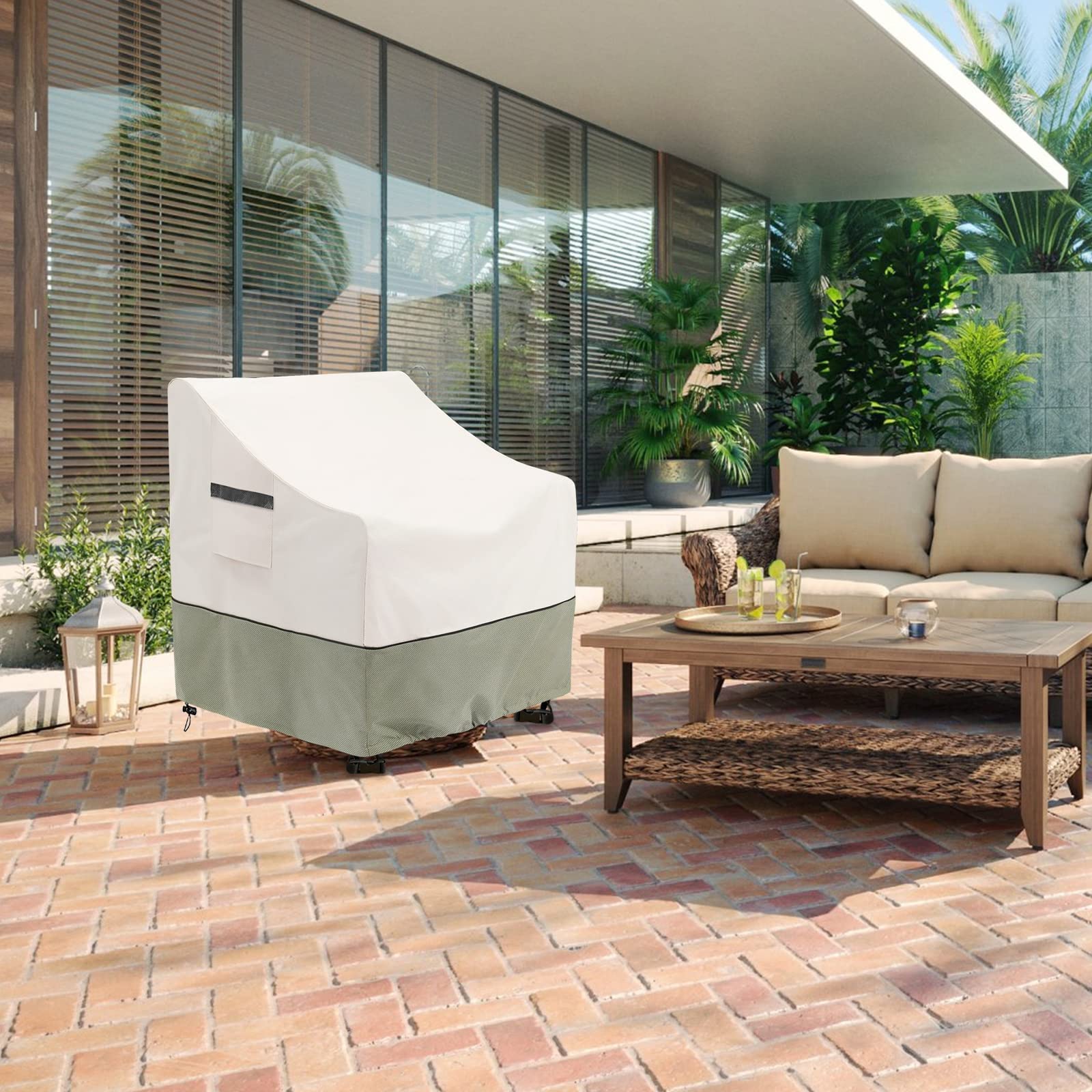 LSongSKY covered swivel lounge chair staged on patio illustrating weather protection
