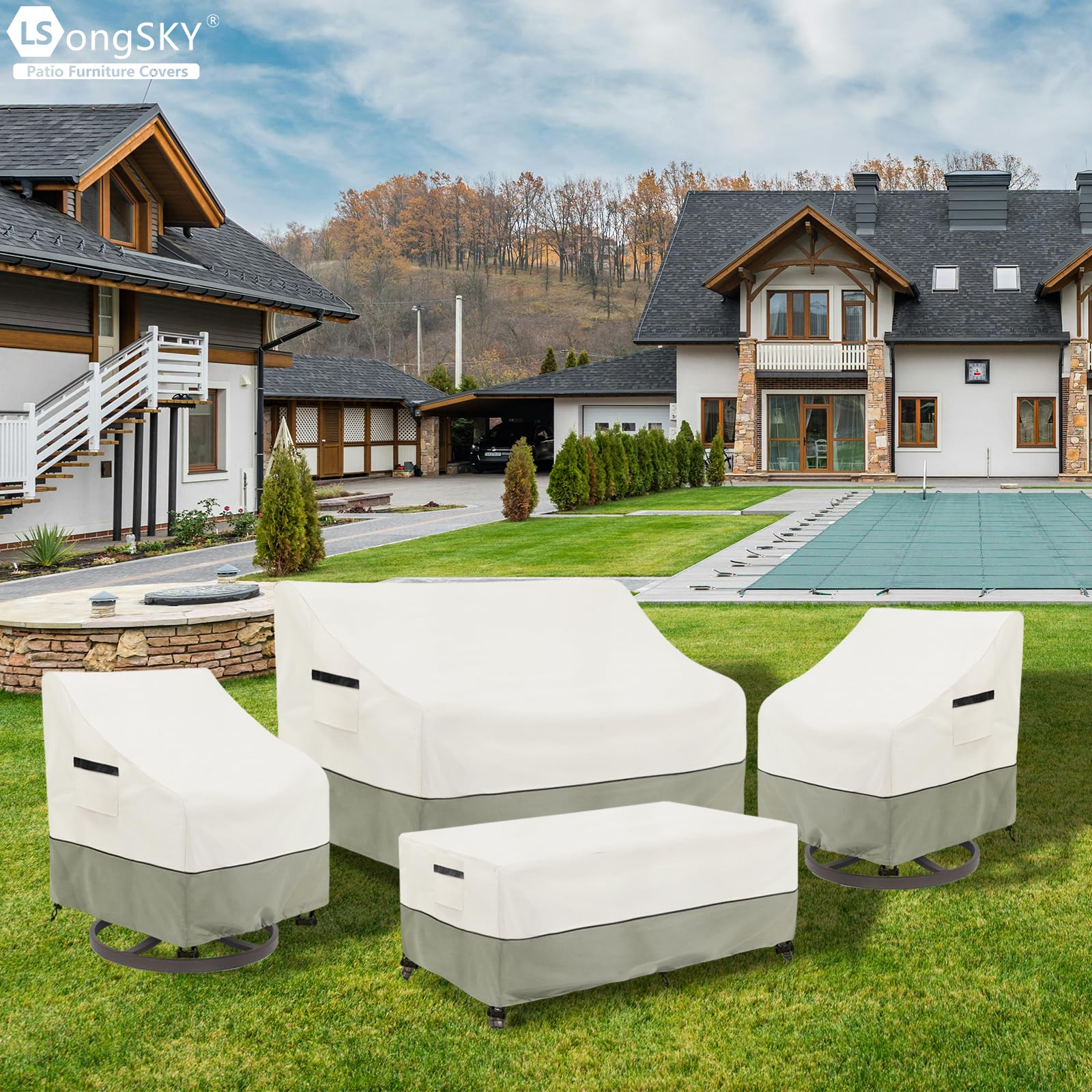 LSongSKY covered table on sunny patio protecting furniture from UV and dirt