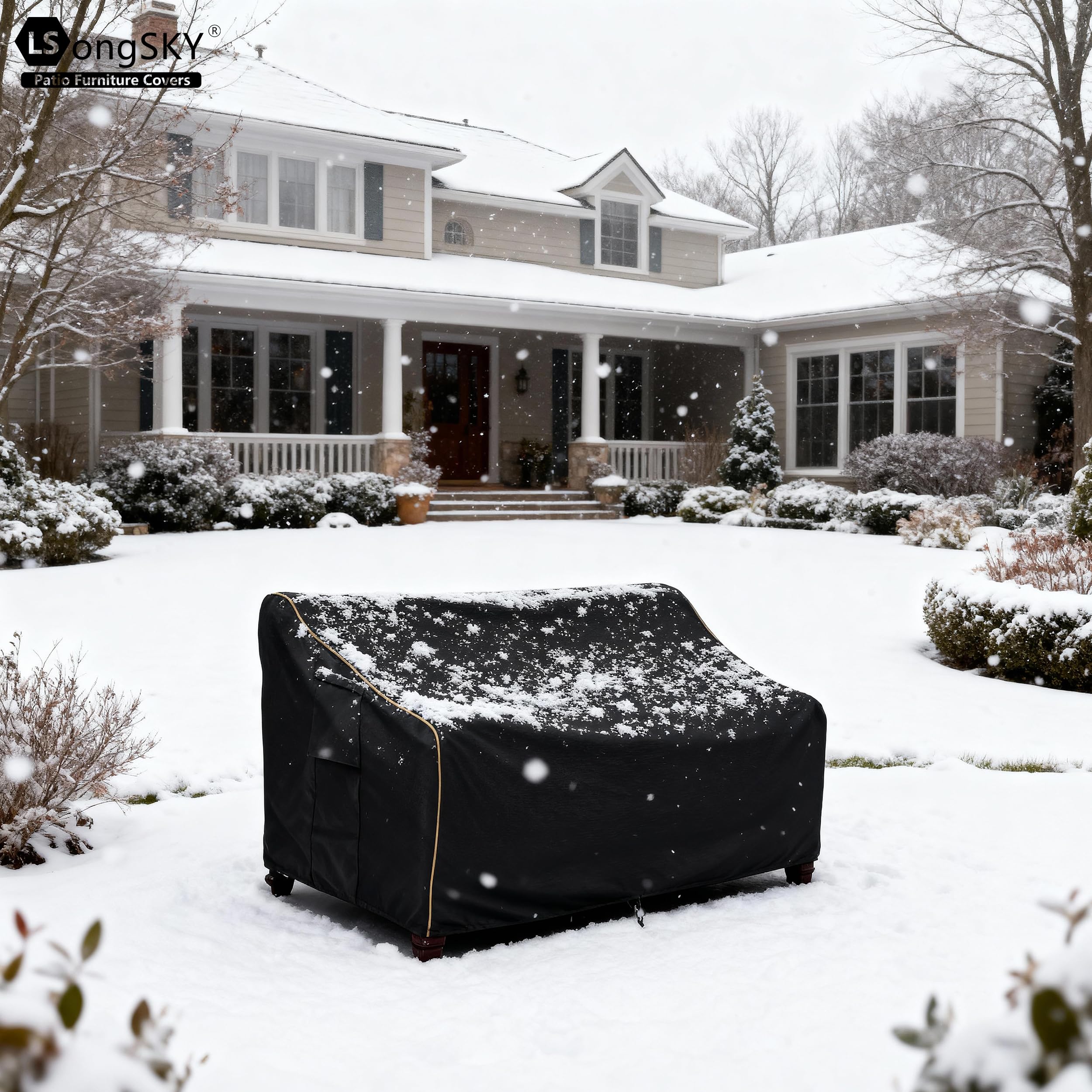 LSongSKY cover in use on black outdoor sofa protecting cushions
