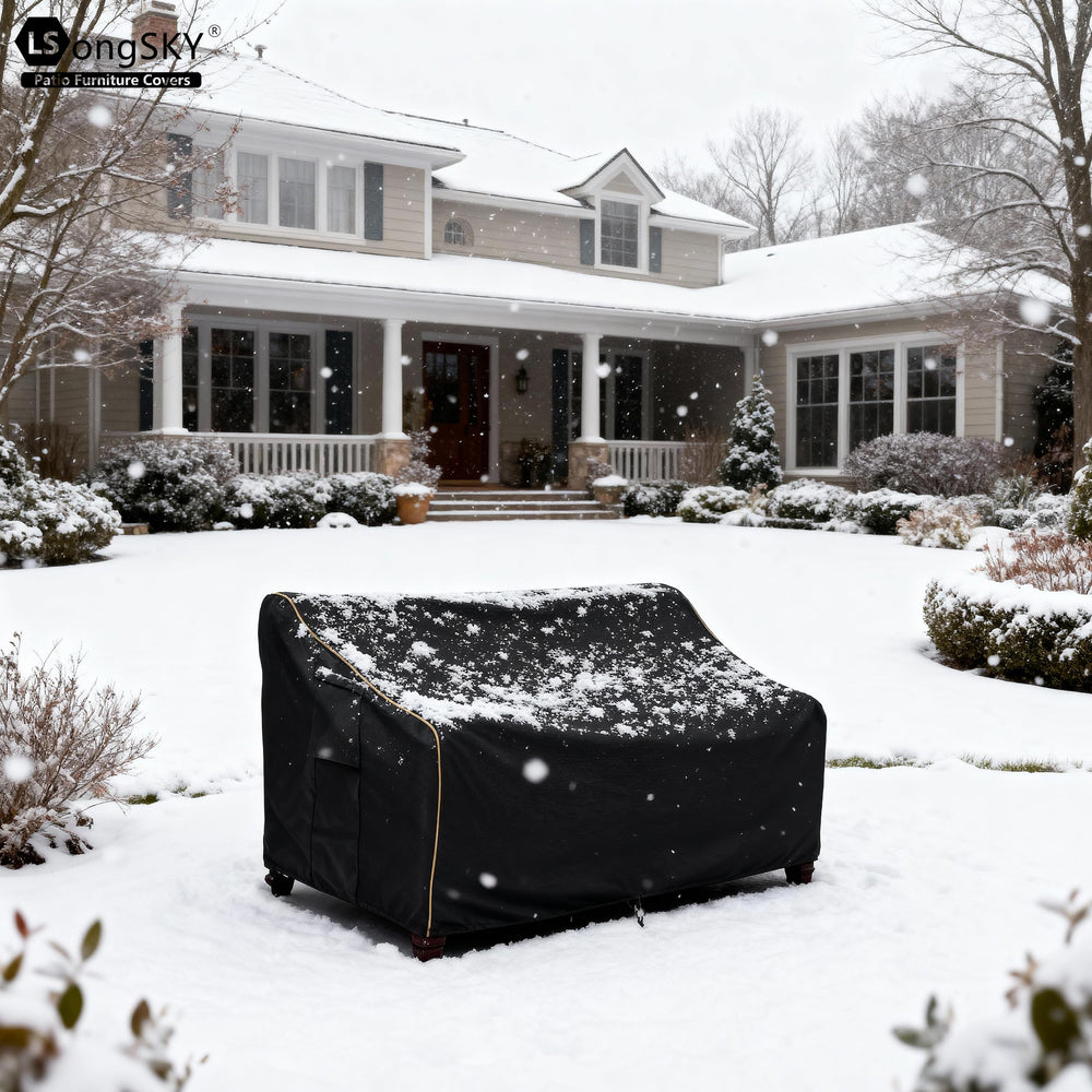 LSongSKY cover in use on black outdoor sofa protecting cushions