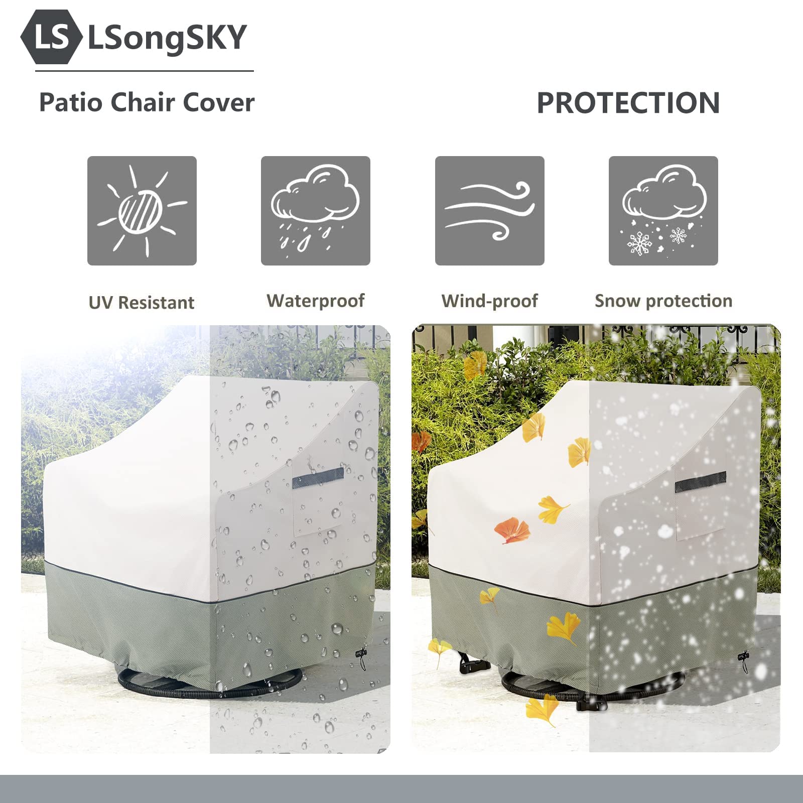 LSongSKY cover on lounge chair with measurement overlay demonstrating fit guidance