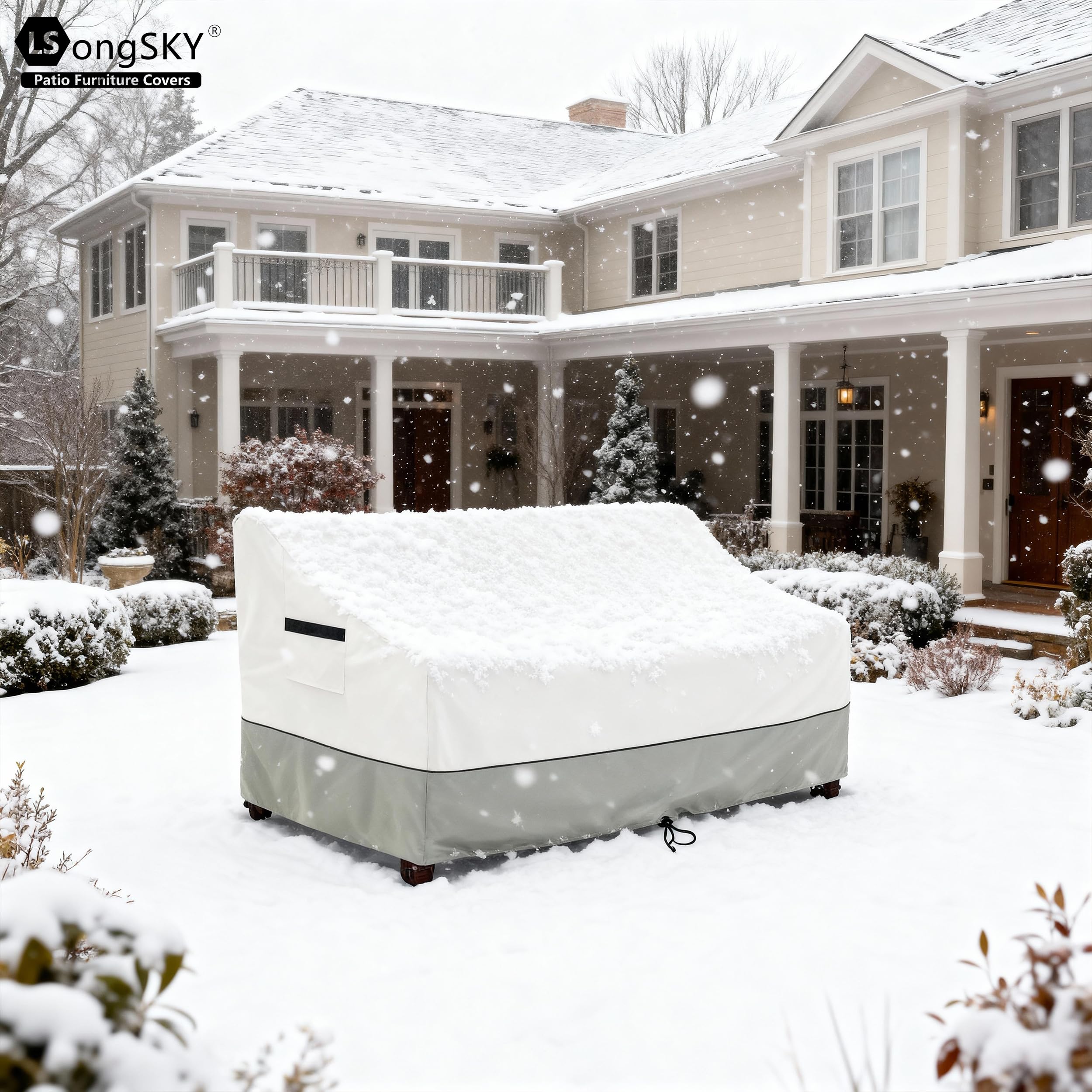 LSongSKY cover installed on patio couch demonstrating full seasonal protection