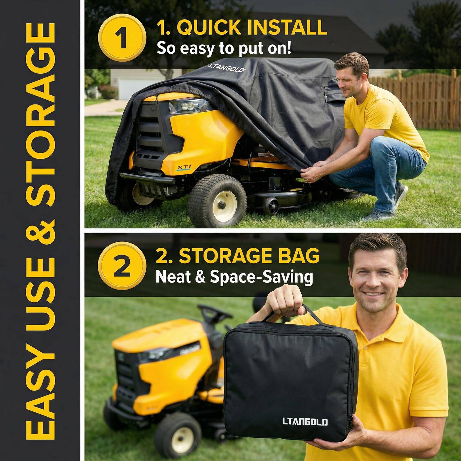 LTANGOLD cover on a tractor in a garage demonstrating weather protection benefit