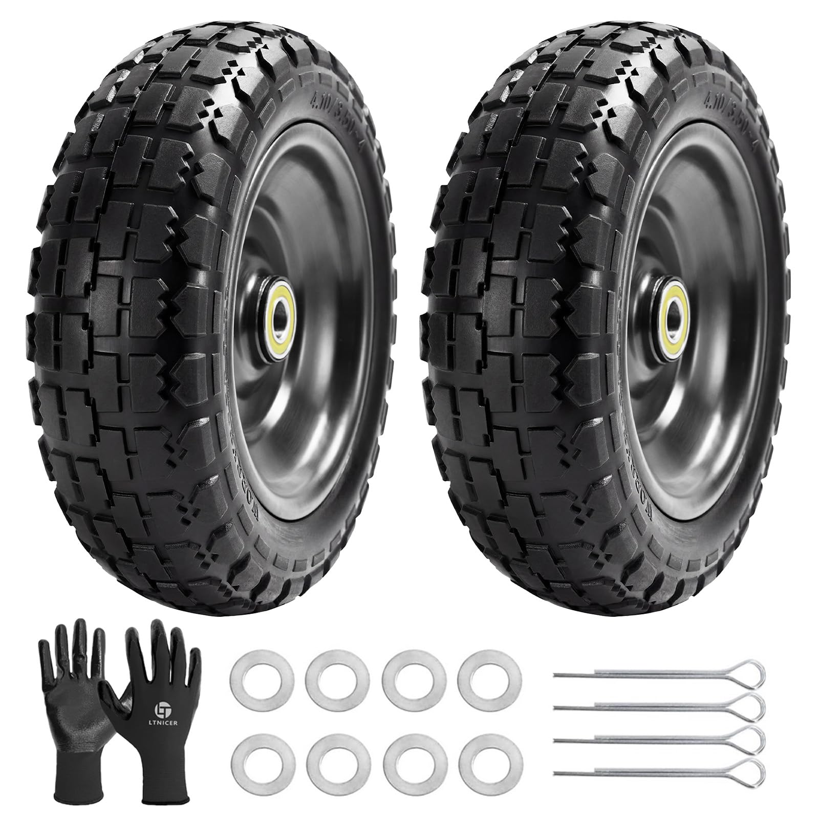 LTNICER front view of 10-inch wheel showing solid tread and durable rim benefit: no flats