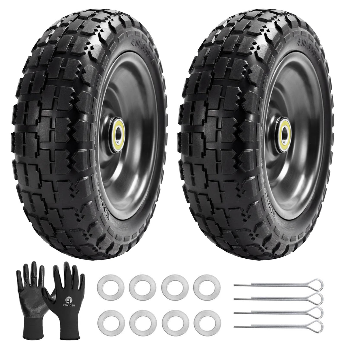 LTNICER front view of 10-inch wheel showing solid tread and durable rim benefit: no flats