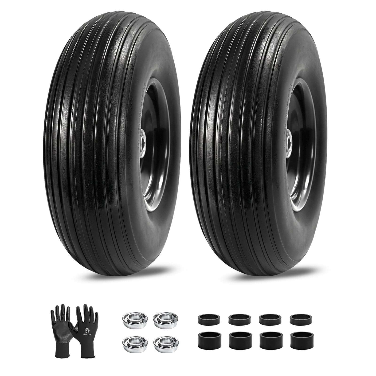 LTNICER front view of 13-inch flat-free wheel showing solid PU and steel rim durability