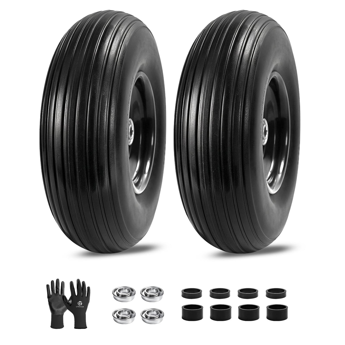 LTNICER front view of 13-inch flat-free wheel showing solid PU and steel rim durability