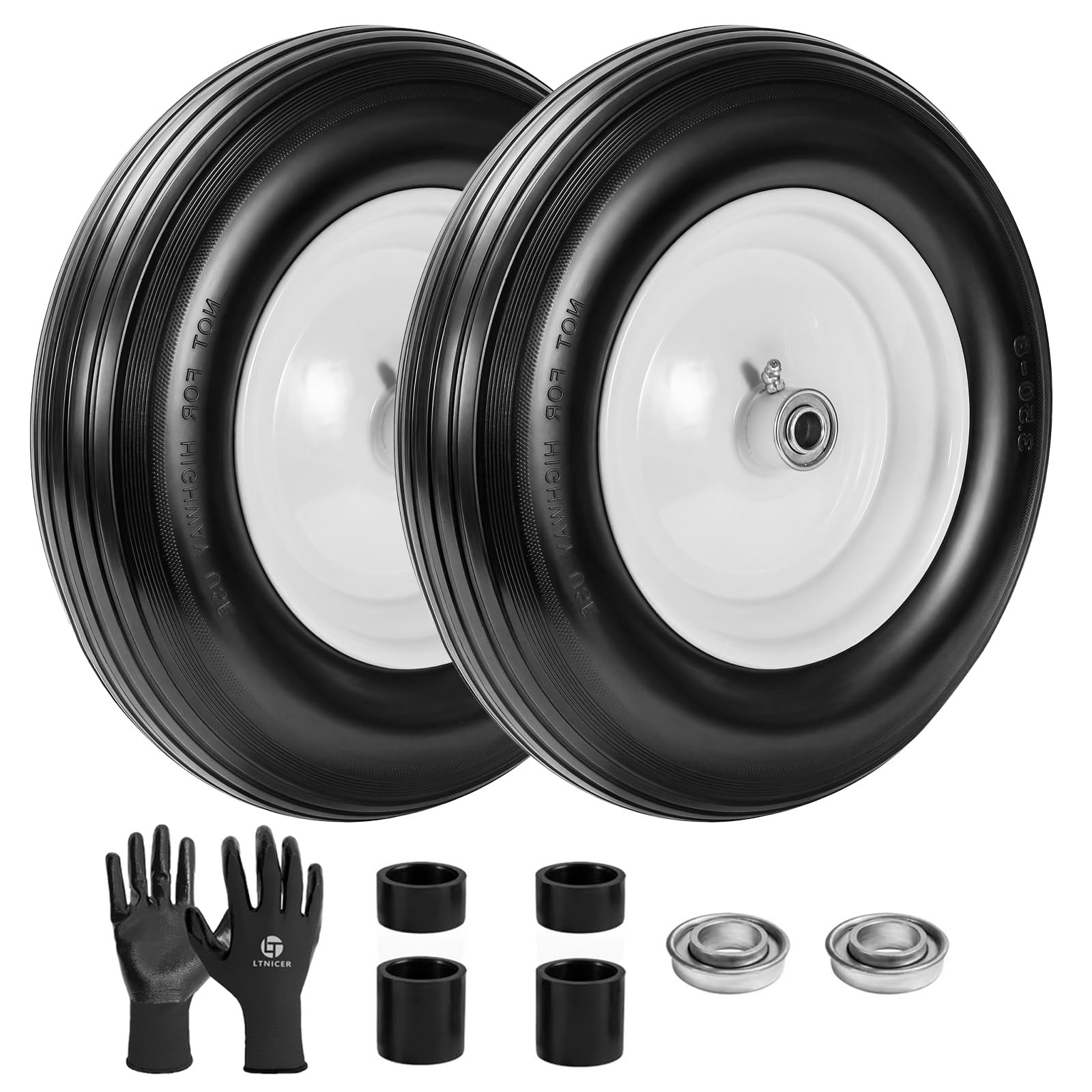 LTNICER front view of both 14.5-inch flat-free tires showing durable construction and no-flats benefit