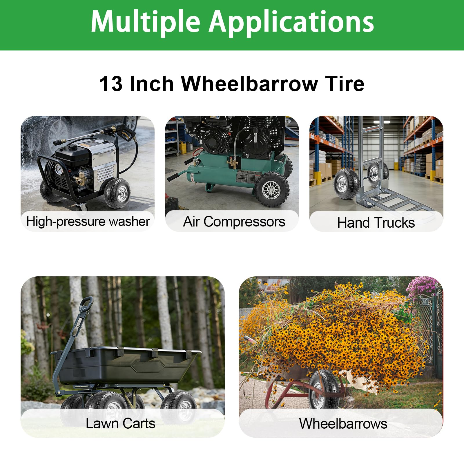 LTNICER wheel installed on wheelbarrow showing smooth, maintenance-free operation
