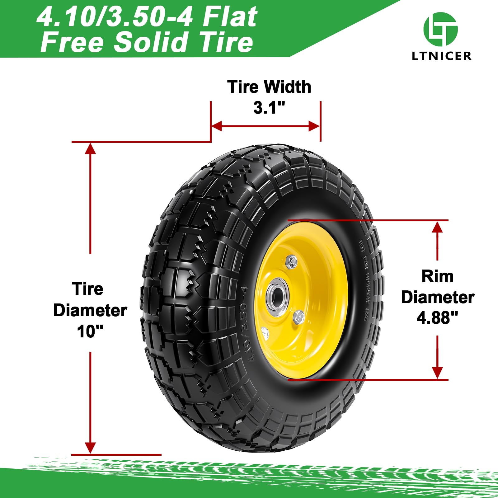 LTNICER close-up tread of solid rubber tire highlighting grip and puncture resistance