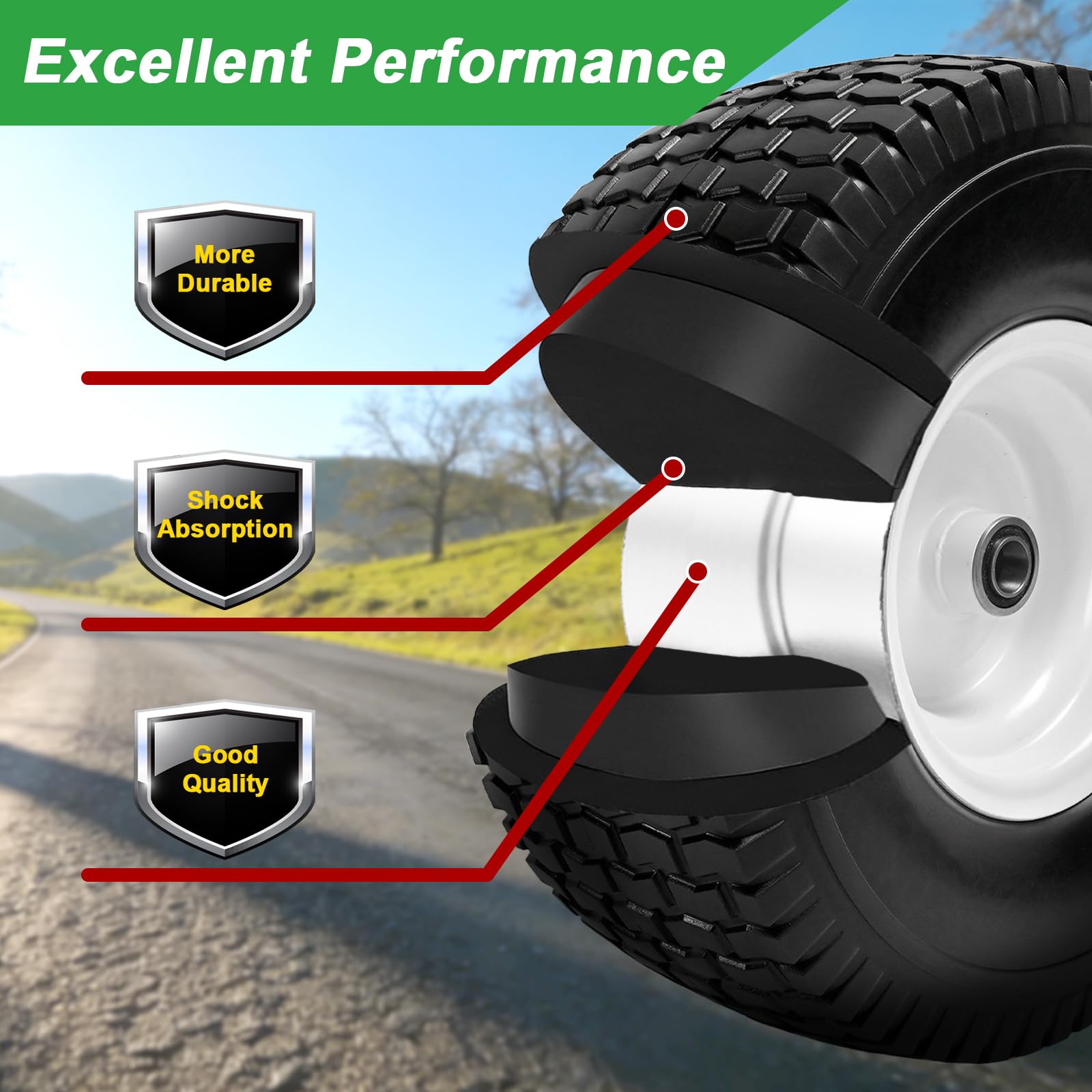 LTNICER wheel mounted on riding mower demonstrating flat-free operation