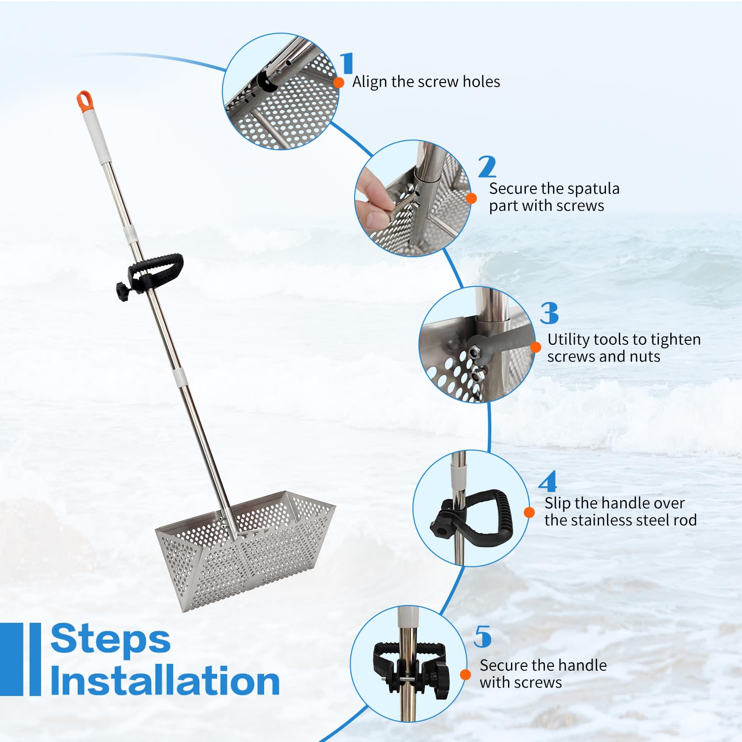 LTSEAME rake in use at beach capturing shells and shark teeth benefit: efficient searching