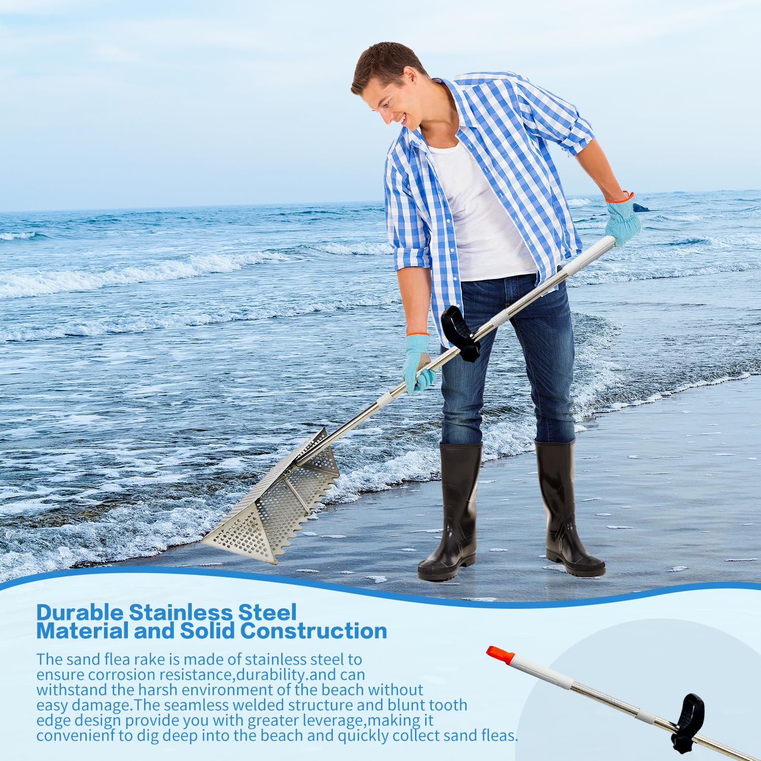 LTSEAME family using rake on beach showing practical beach-day convenience benefit