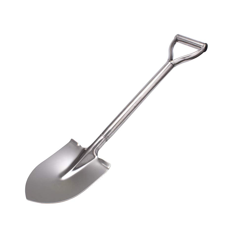 LUBAN shovel front view showing full stainless-steel body and D-handle for durability