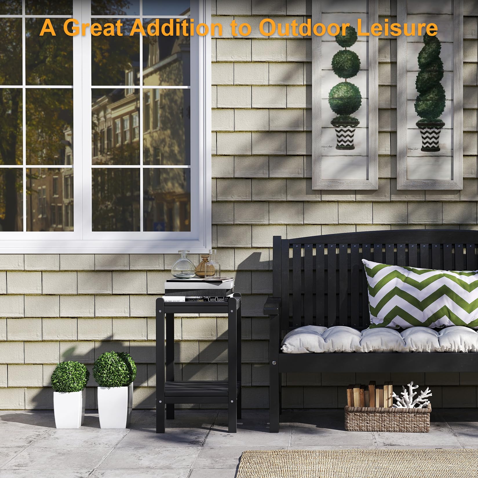 LUBITTE side table next to an Adirondack chair illustrating correct scale