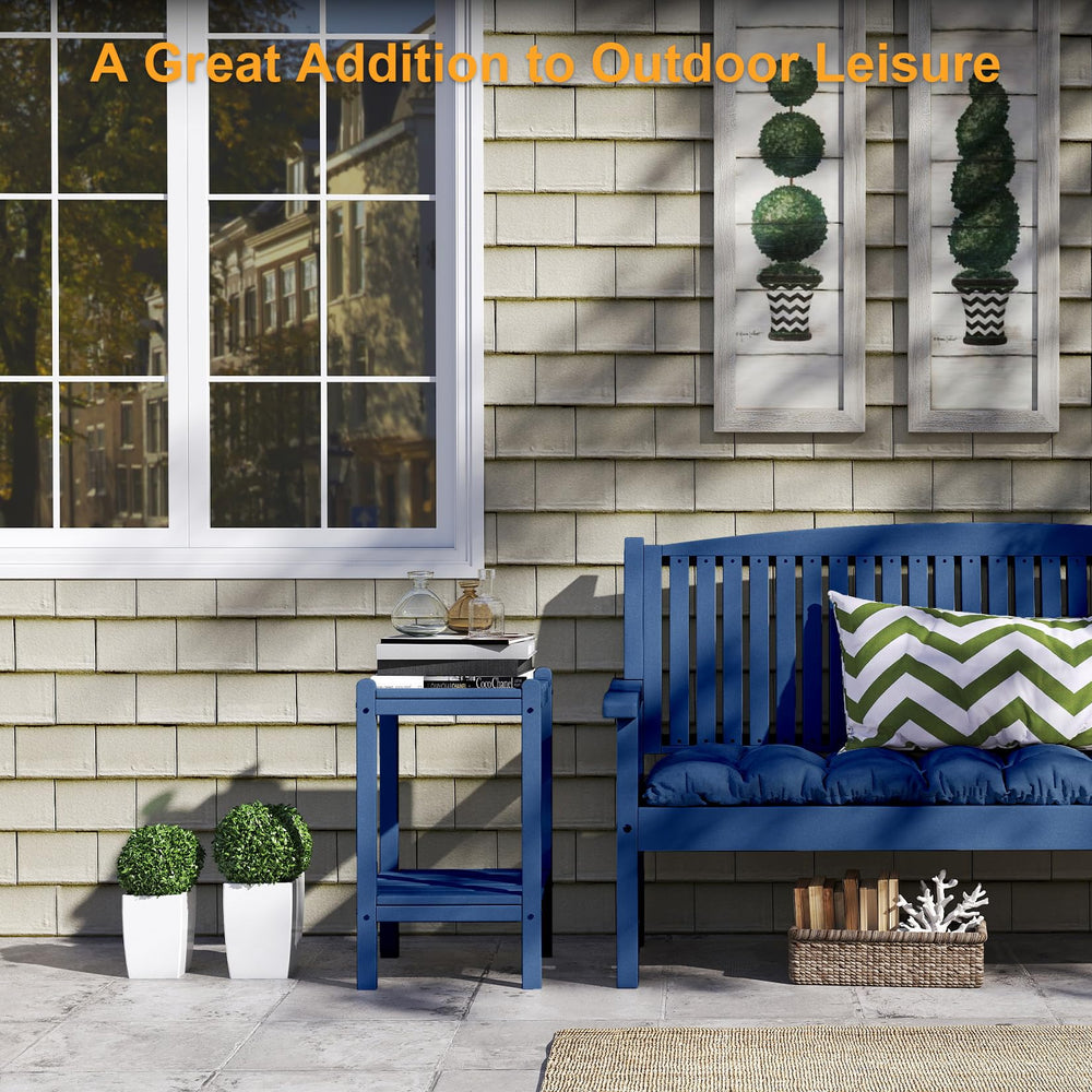 LUBITTE side table next to Adirondack chair showing correct height and convenience benefit