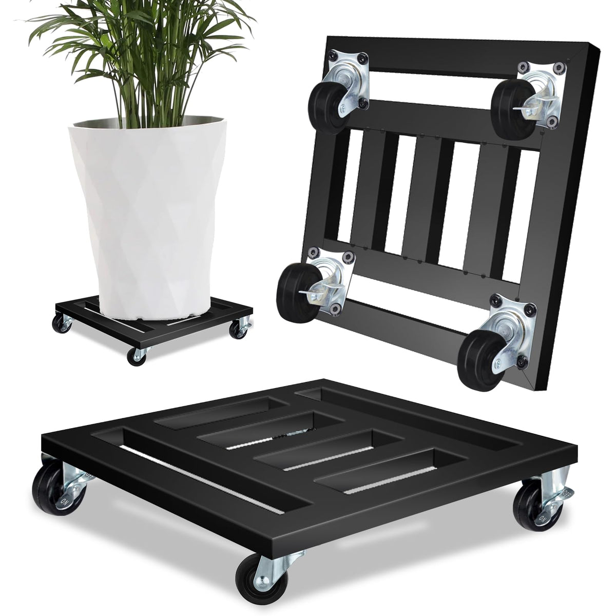 LUBORN plant caddy front view showing sturdy steel frame and stability benefit