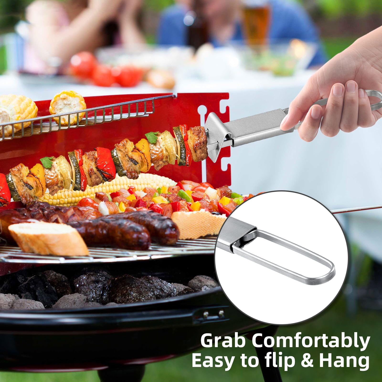 Lucalda pushing kebabs off skewer to plate for easy serving