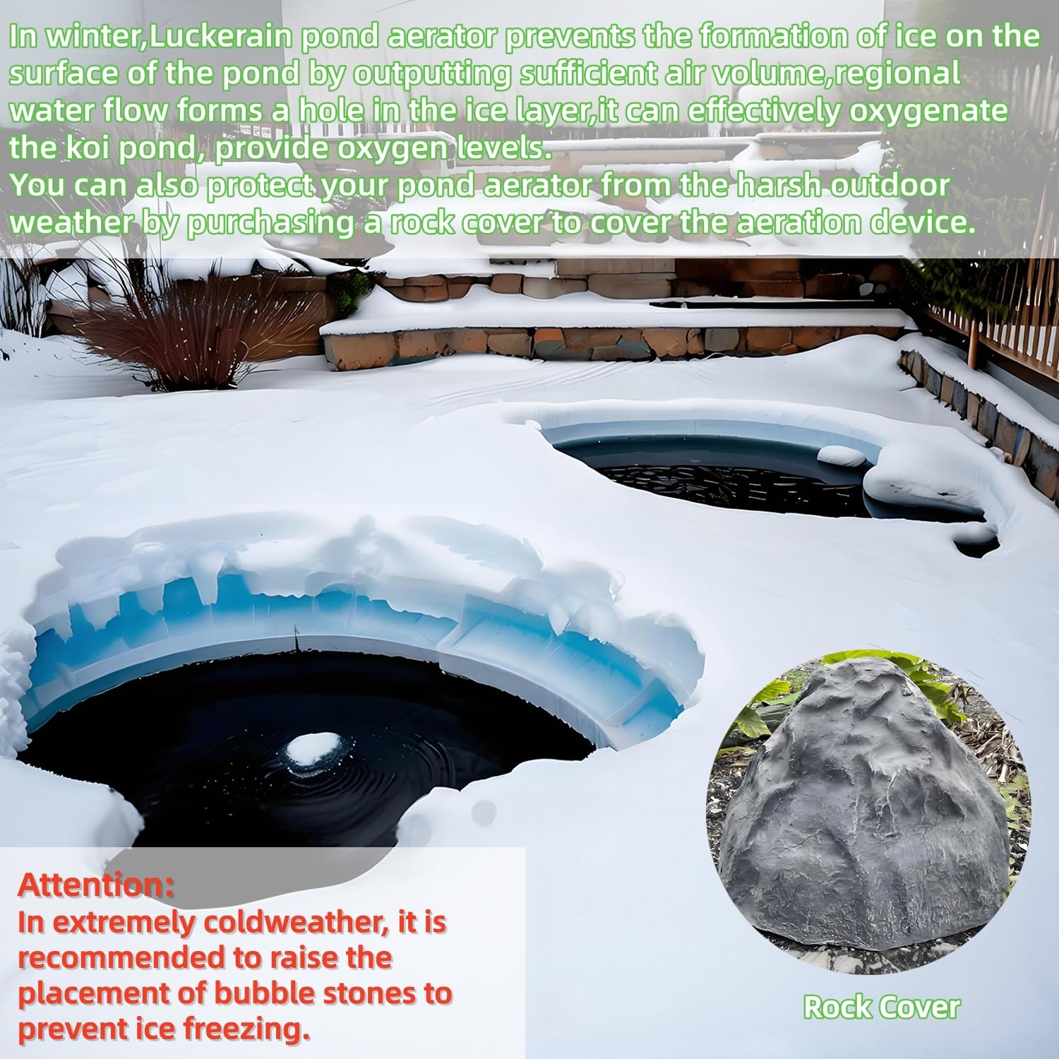 Luckerain installed in pond delivering bubbles to koi and plants