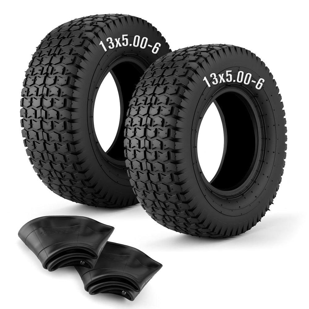 Lucky Seven front view of packaged 13x5.00-6 tire and inner tube set showing contents and fit