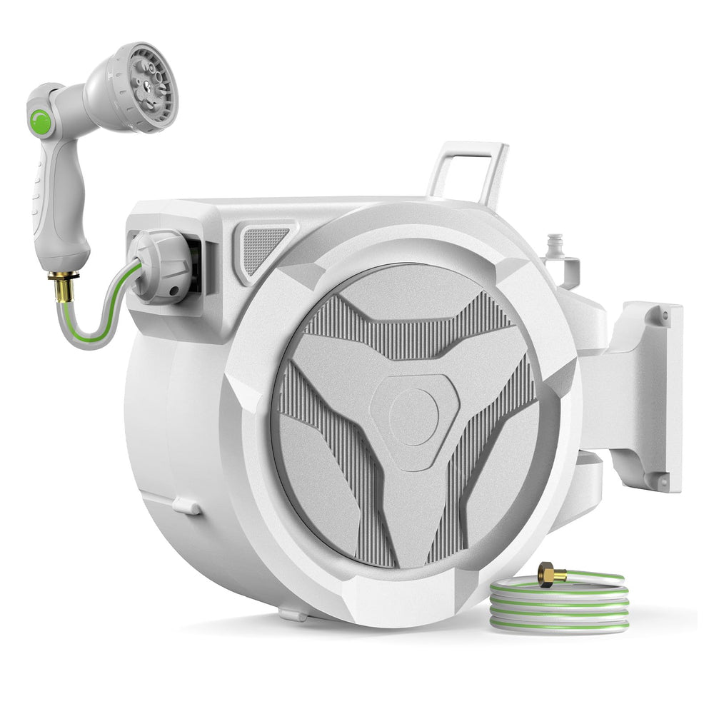 LUCKYTECH front view of retractable hose reel showing compact storage and neat hose management