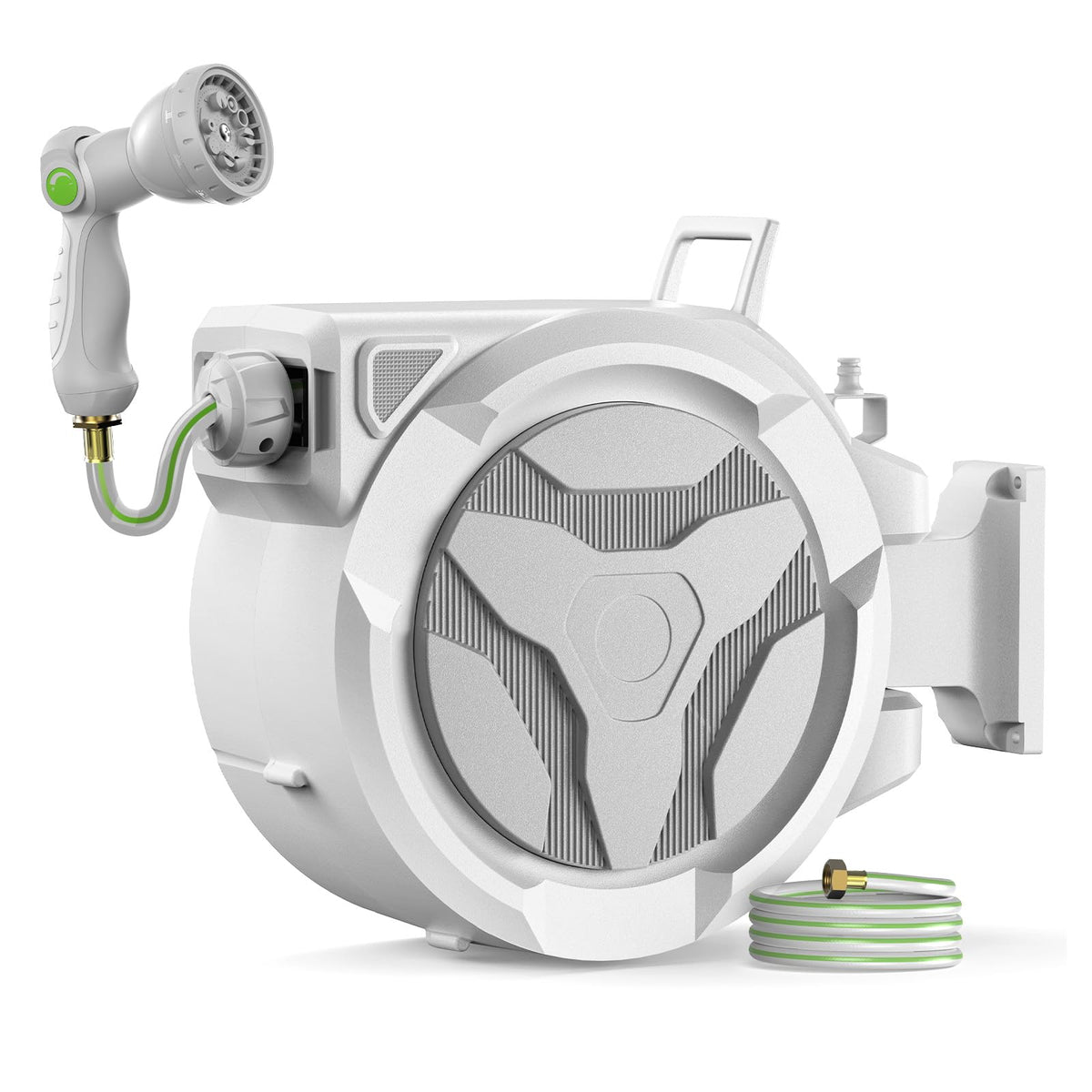 LUCKYTECH front view of retractable hose reel showing compact storage and neat hose management