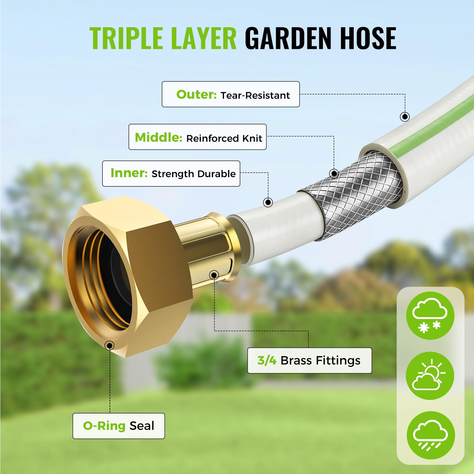 LUCKYTECH hose reel next to garden tools showing scale and space-saving advantage