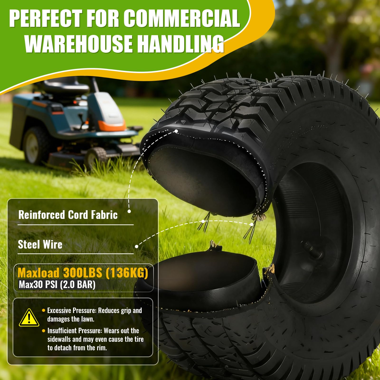 LuckySlycyc tire mounted on a riding mower in use delivering stable handling on grass
