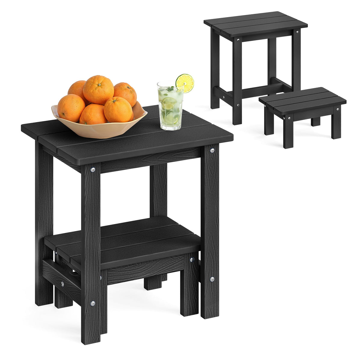 LUE BONA front view of black side table set showing compact design and durability