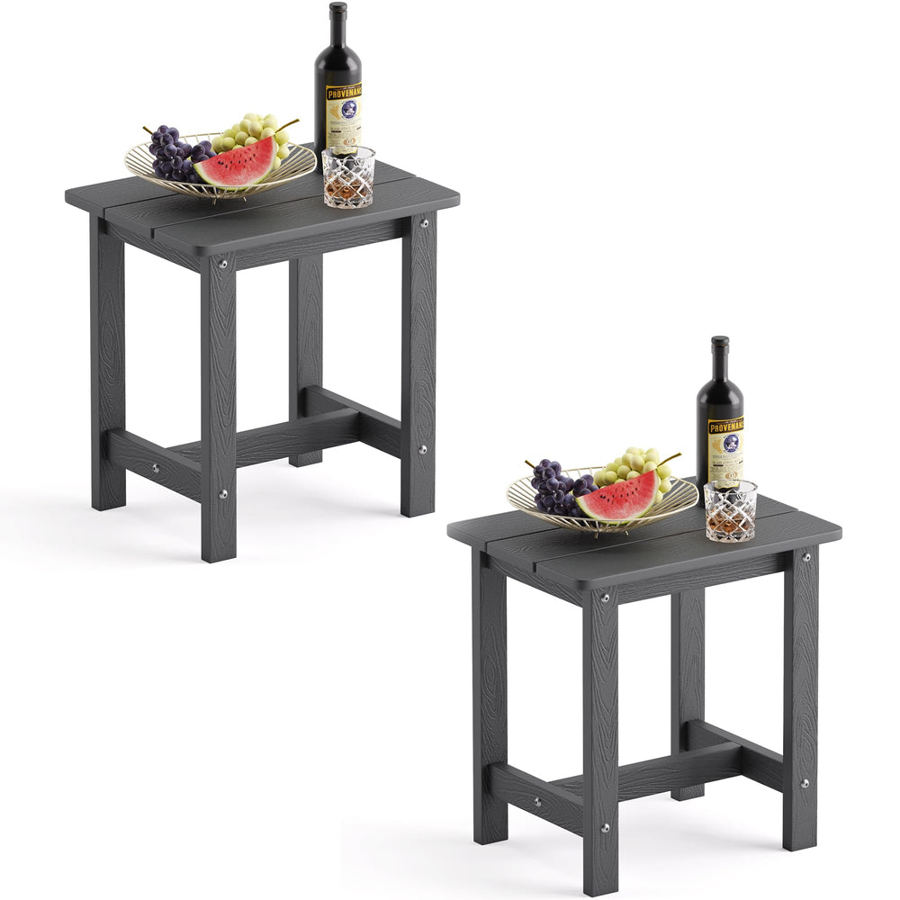 LUE BONA front view of two dark gray side tables showing weather-resistant design
