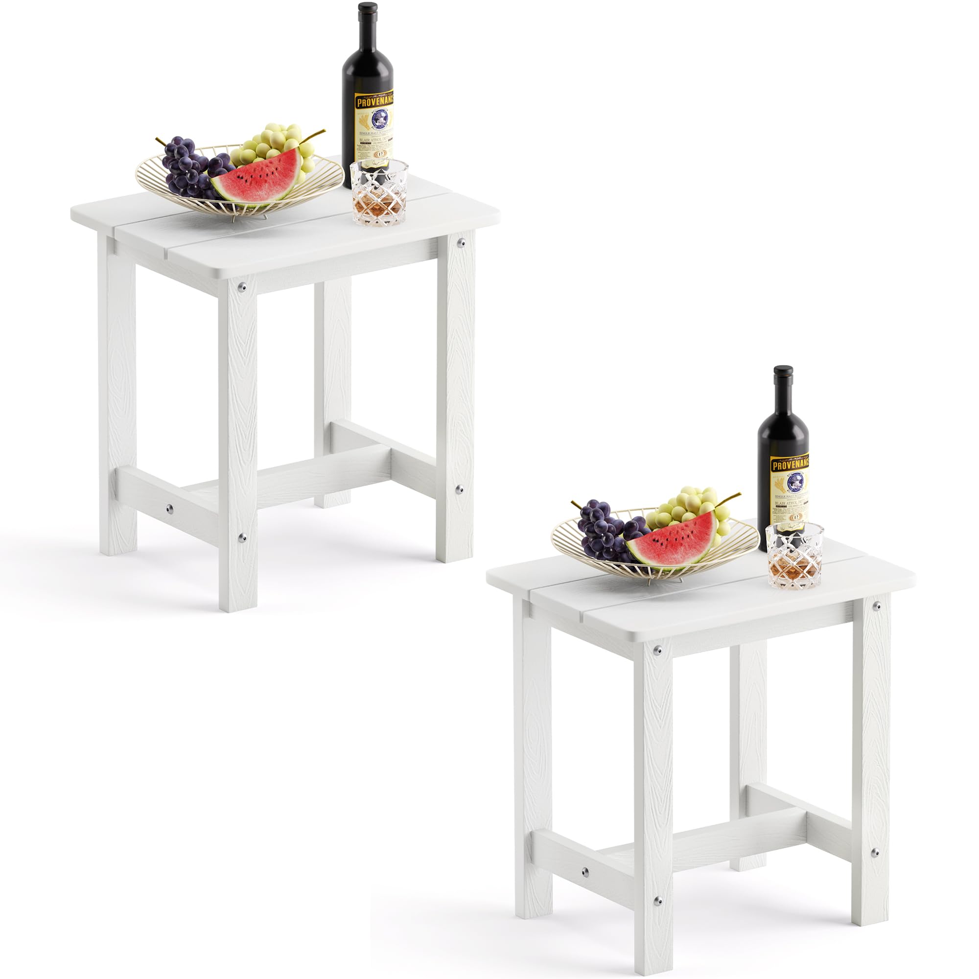 LUE BONA front view of both white tables showing durable outdoor design and coordination