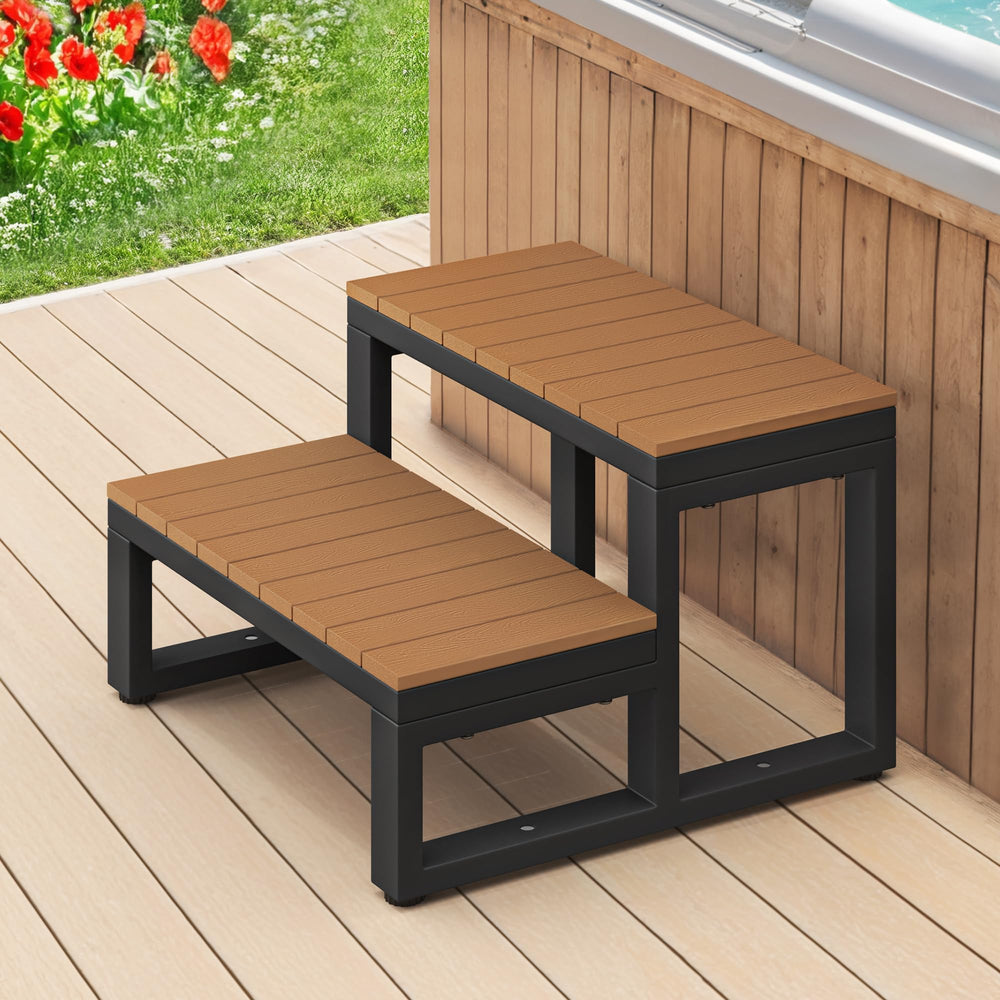 LUE BONA front view showing teak brown steps and stable design benefit