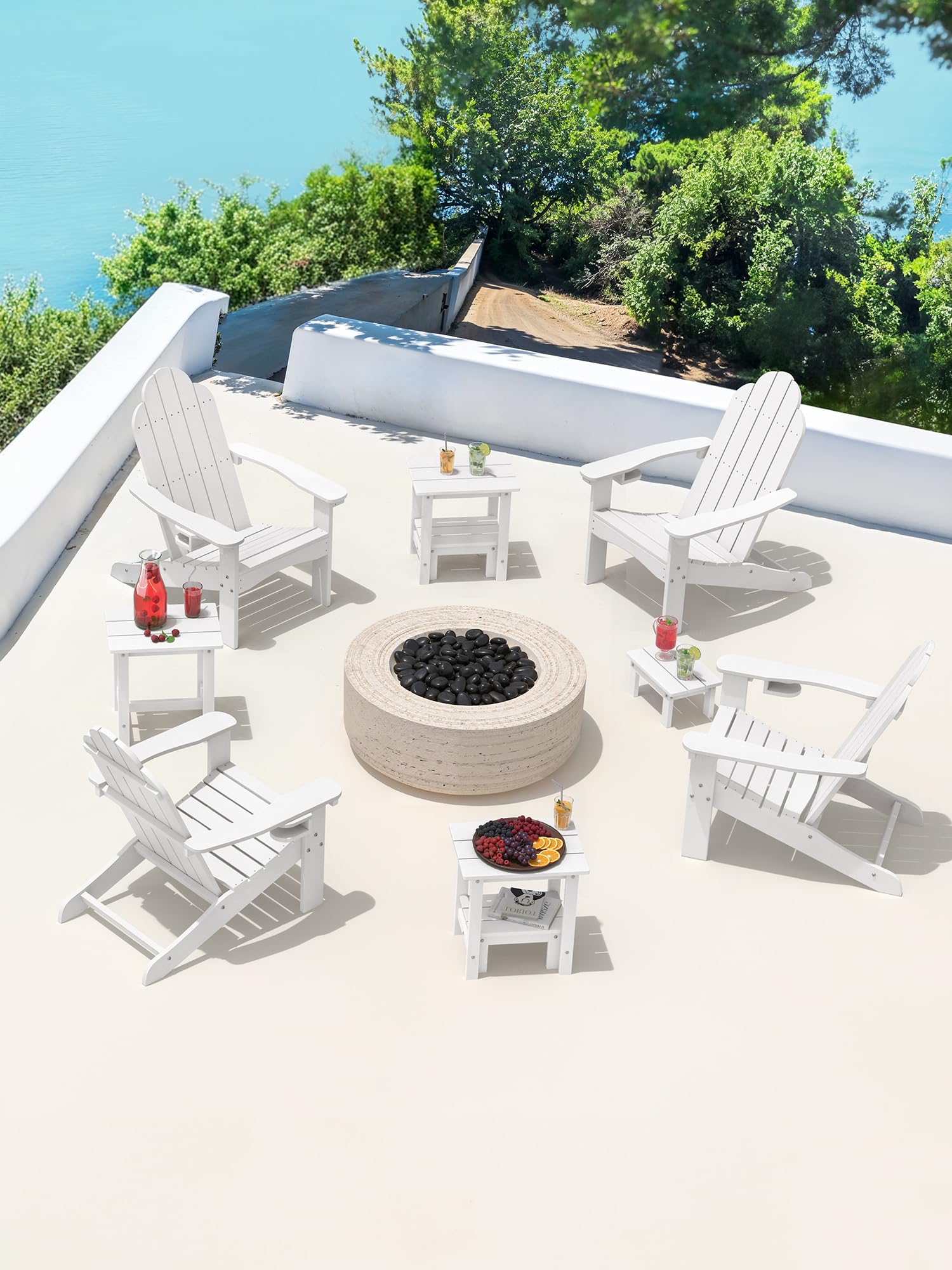 LUE BONA on patio with drinks and plants showing lifestyle convenience and durability