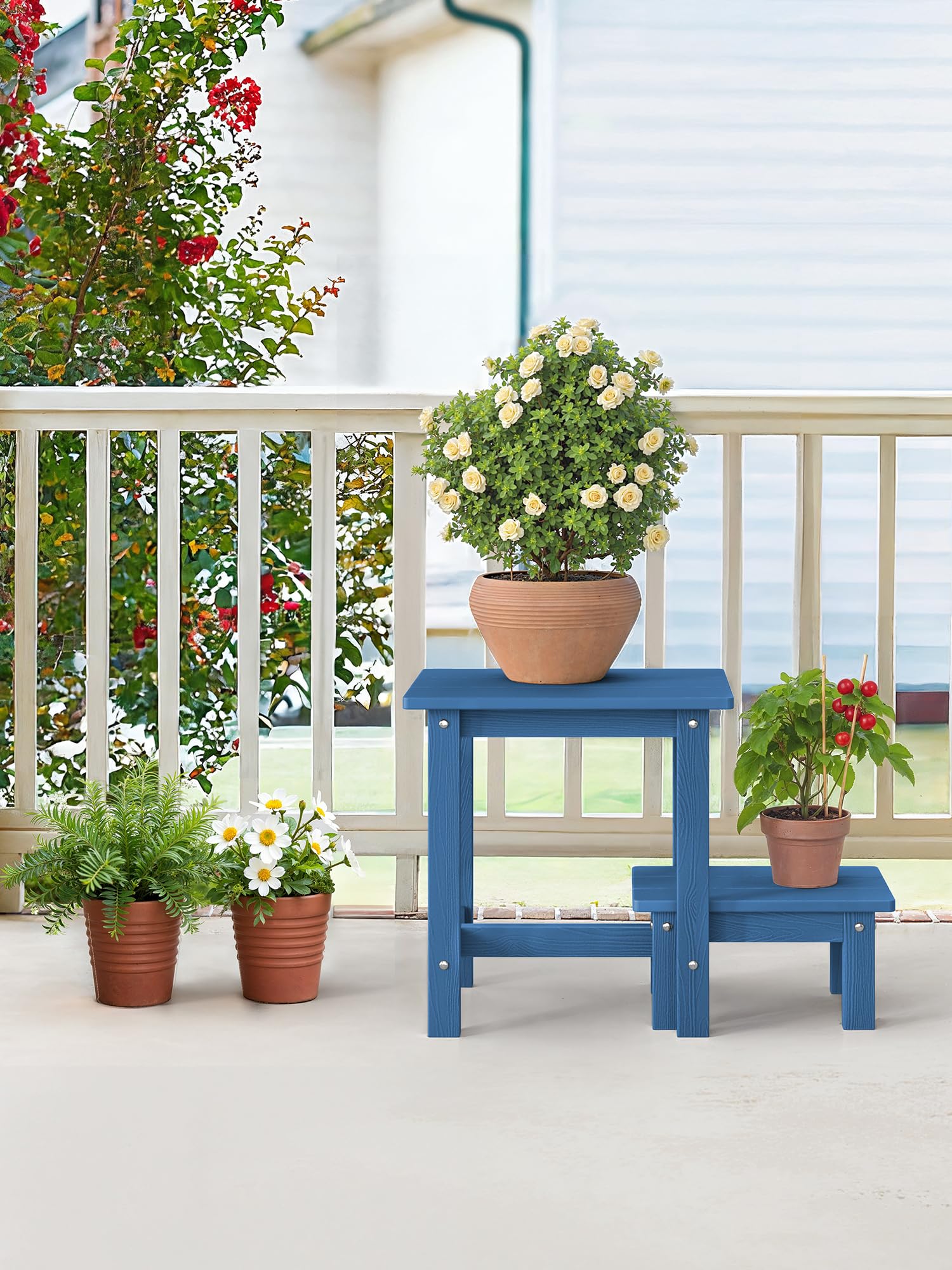 LUE BONA patio in use next to Adirondack showing versatile outdoor styling